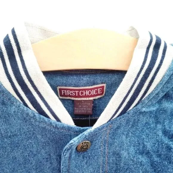 First Choice VTG 1990s Men's Premium Denim Varsity Bomber Jean Jacket Blue NWT - Picture 14 of 16